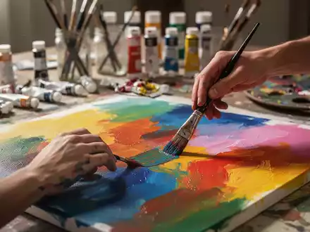 Nahaufnahme von Händen, die mit leuchtenden Farben auf einer Leinwand malen, umgeben von verschwommenen Kunstmaterialien. - Foto: über boerse-global.de