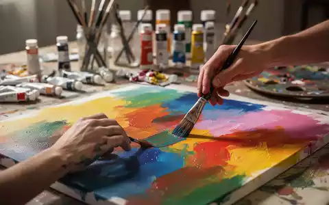 Nahaufnahme von Händen, die mit leuchtenden Farben auf einer Leinwand malen, umgeben von verschwommenen Kunstmaterialien. - Foto: über boerse-global.de