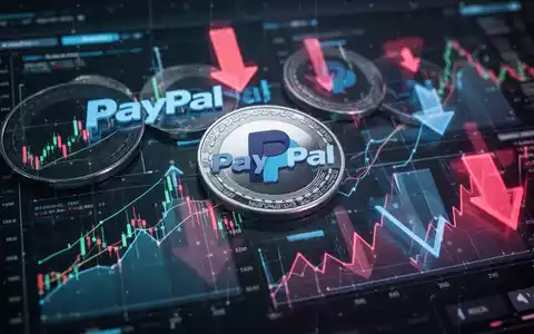 Digitale Münzen mit PayPal-Logo zwischen fallenden Finanzcharts, die einen Rückgang des Stablecoin-Angebots darstellen. - Foto: über boerse-global.de