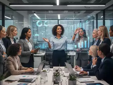 Eine Gruppe von Frauen in MINT-Berufen arbeitet zusammen in einem modernen Büro, eine davon präsentiert auf einem digitalen Bildschirm. - Foto: über boerse-global.de