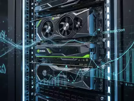 Zukunftssicherer Server-Rack mit blauen Leuchten, Nvidia-GPUs, abstrakten Datenströmen und Kostensenkungsgrafiken. - Foto: über boerse-global.de