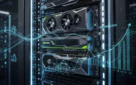Zukunftssicherer Server-Rack mit blauen Leuchten, Nvidia-GPUs, abstrakten Datenströmen und Kostensenkungsgrafiken. - Foto: über boerse-global.de
