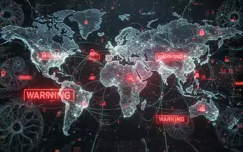 Glühendes, vernetztes globales Finanznetzwerk mit roten Warnsignalen und subtilen KI-Neuronalnetzmustern, die KI-Risiken symbolisieren. - Foto: über boerse-global.de