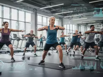 Menschen unterschiedlichen Alters, die in einer modernen Sporteinrichtung Fitnessübungen durchführen, mit digitalen Datenüberlagerungen. - Foto: über boerse-global.de