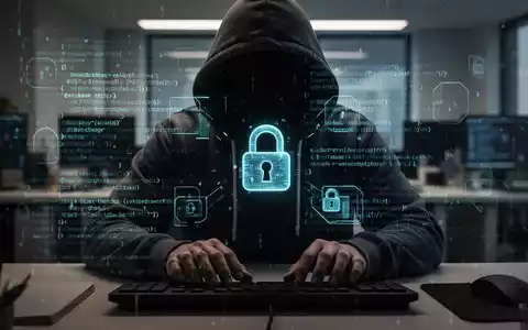Verschwommene Gestalt in Kapuzenjacke tippt auf Tastatur, mit digitalem Code und Vorhängeschloss-Symbolen als Symbol für Cyber-Bedrohungen für kleine Unternehmen. - Foto: über boerse-global.de
