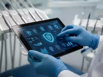 Nahaufnahme der Hände eines Zahnarztes mit blauen Handschuhen, der ein Tablet mit Daten und Sicherheitssymbolen bedient. - Foto: über boerse-global.de