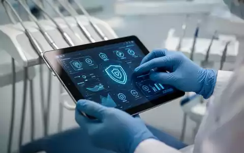 Nahaufnahme der Hände eines Zahnarztes mit blauen Handschuhen, der ein Tablet mit Daten und Sicherheitssymbolen bedient. - Foto: über boerse-global.de