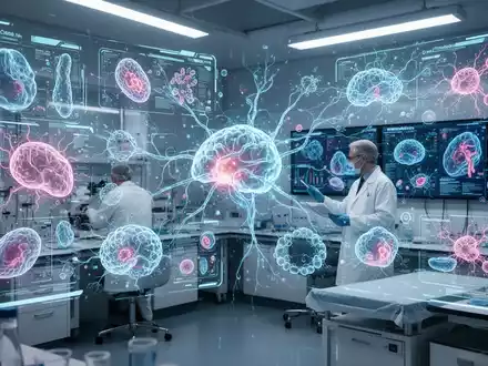 Ein futuristisches medizinisches Forschungslabor mit holografischen Anzeigen, die biologische Daten und neuronale Netze zeigen. - Foto: über boerse-global.de
