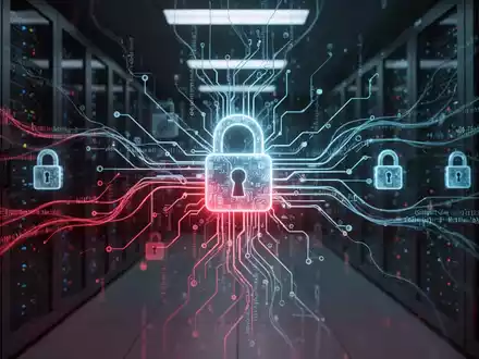 Ein stilisiertes, leuchtendes neuronales Netzwerk mit digitalen Sicherheitsschlössern und fließenden Codezeilen in einem dunklen Serverraum. - Foto: über boerse-global.de