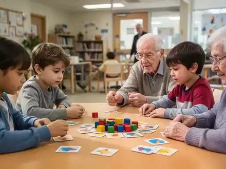 Kinder und Senioren spielen gemeinsam ein Gedächtnisspiel an einem Tisch in einem hellen Raum. - Foto: über boerse-global.de