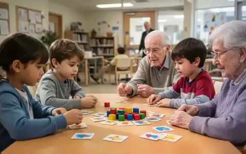 Kinder und Senioren spielen gemeinsam ein Gedächtnisspiel an einem Tisch in einem hellen Raum. - Foto: über boerse-global.de