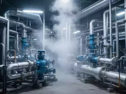 Nahaufnahme komplexer Industriekühlanlagen mit Rohren und Maschinen, die kalten Nebel abgeben, in blauen und silbernen Tönen. - Foto: über boerse-global.de