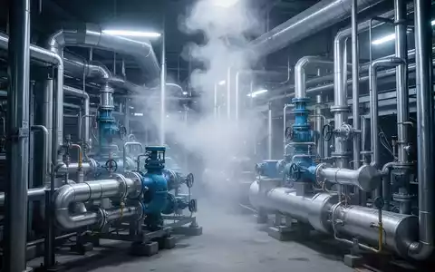 Nahaufnahme komplexer Industriekühlanlagen mit Rohren und Maschinen, die kalten Nebel abgeben, in blauen und silbernen Tönen. - Foto: über boerse-global.de