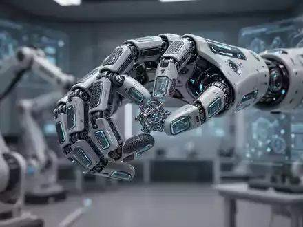 Nahaufnahme einer fortschrittlichen Roboterhand mit detaillierten Gelenken und Sensoren, die in einem Hightech-Labor vorsichtig einen kleinen Gegenstand hält. - Foto: über boerse-global.de