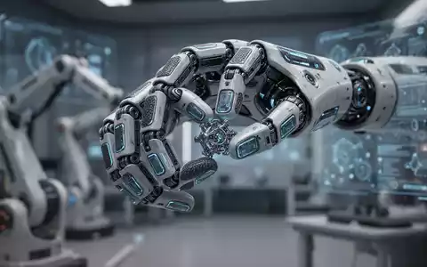 Nahaufnahme einer fortschrittlichen Roboterhand mit detaillierten Gelenken und Sensoren, die in einem Hightech-Labor vorsichtig einen kleinen Gegenstand hält. - Foto: über boerse-global.de