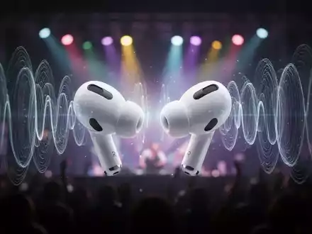 Apple AirPods Pro Ohrhörer mit abstrakten Schallwellen, die 3D-Audio andeuten, in einem Club-Setting. - Foto: über boerse-global.de