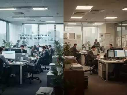 Eine geteilte Ansicht: links ein modernes Büro, rechts ein traditionelles Büro, das die Unterschiede in der Betriebsrente zwischen Ländern symbolisiert. - Foto: über boerse-global.de