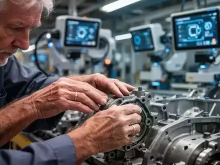 Hände eines erfahrenen Ingenieurs inspizieren ein Autoteil an einem Fließband, im Hintergrund unscharfe KI-Kamerasysteme. - Foto: über boerse-global.de