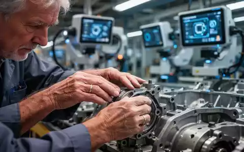 Hände eines erfahrenen Ingenieurs inspizieren ein Autoteil an einem Fließband, im Hintergrund unscharfe KI-Kamerasysteme. - Foto: über boerse-global.de