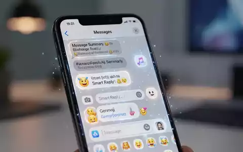 Smartphone-Bildschirm mit Apple Nachrichten-App, KI-Chat-Zusammenfassungen und Genmoji-Vorschlägen. - Foto: über boerse-global.de