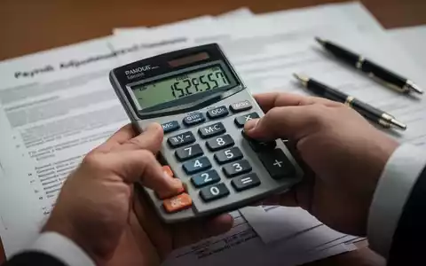 Nahaufnahme einer Hand, die einen Taschenrechner mit Finanzzahlen hält, im Hintergrund unscharf Rechtsdokumente und ein Stift. - Foto: über boerse-global.de