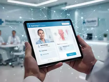 Eine Hand hält ein Tablet, das eine virtuelle medizinische Beratung für Hauterkrankungen anzeigt, mit verschwommenem Hintergrund einer Klinik. - Foto: über boerse-global.de