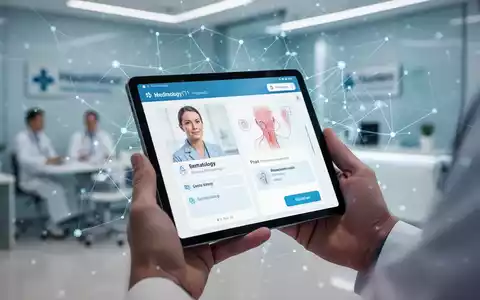 Eine Hand hält ein Tablet, das eine virtuelle medizinische Beratung für Hauterkrankungen anzeigt, mit verschwommenem Hintergrund einer Klinik. - Foto: über boerse-global.de