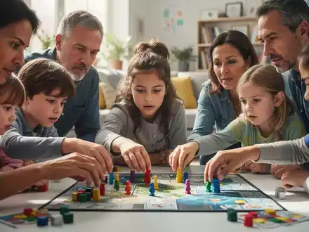 Eine Gruppe von Menschen unterschiedlichen Alters spielt konzentriert ein Gesellschaftsspiel an einem Tisch in einem hellen Raum. - Foto: über boerse-global.de