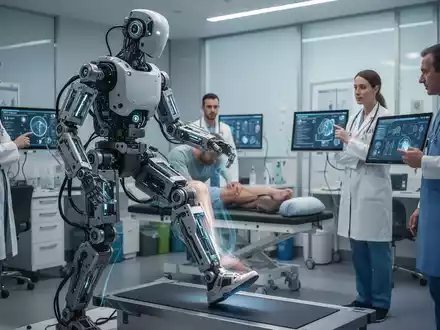 Ein Roboter-Exoskelett unterstützt das Bein eines Patienten bei der Physiotherapie in einer modernen Klinik, medizinisches Personal beobachtet auf Bildschirmen. - Foto: über boerse-global.de