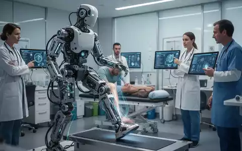 Ein Roboter-Exoskelett unterstützt das Bein eines Patienten bei der Physiotherapie in einer modernen Klinik, medizinisches Personal beobachtet auf Bildschirmen. - Foto: über boerse-global.de