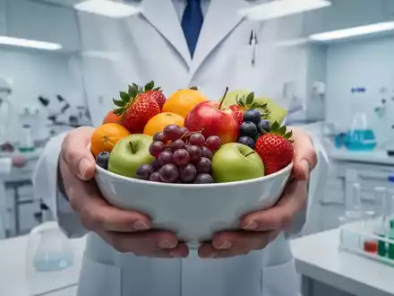 Hände halten eine Schale mit frischem Obst, im Hintergrund angedeutet eine Küche oder Laborumgebung. - Foto: über boerse-global.de