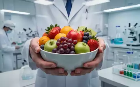 Hände halten eine Schale mit frischem Obst, im Hintergrund angedeutet eine Küche oder Laborumgebung. - Foto: über boerse-global.de