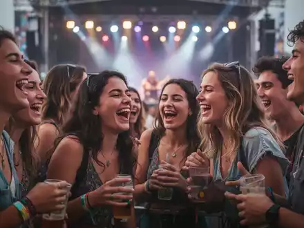 Eine Gruppe junger Menschen lacht und interagiert auf einem Musikfestival, mit verschwommenen Bühnenlichtern im Hintergrund. - Foto: über boerse-global.de