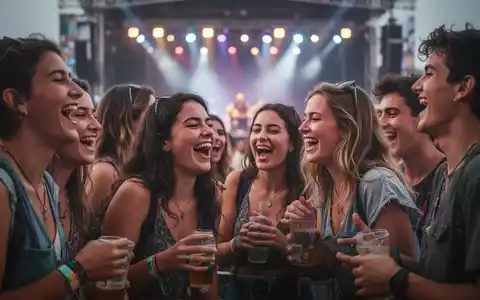Eine Gruppe junger Menschen lacht und interagiert auf einem Musikfestival, mit verschwommenen Bühnenlichtern im Hintergrund. - Foto: über boerse-global.de