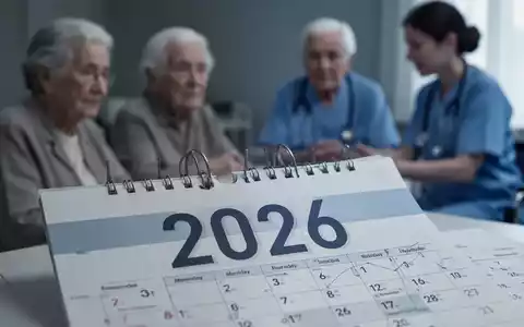 Kalenderblatt mit der Jahreszahl 2026 im Fokus, im Hintergrund verschwommen ältere Menschen und Pflegepersonal. - Foto: über boerse-global.de