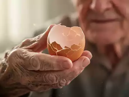 Eine alte Hand hält vorsichtig eine zerbrochene Eierschale, die Knochenbrüchigkeit und Knochengesundheit symbolisiert. - Foto: über boerse-global.de