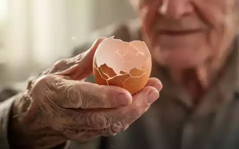 Eine alte Hand hält vorsichtig eine zerbrochene Eierschale, die Knochenbrüchigkeit und Knochengesundheit symbolisiert. - Foto: über boerse-global.de