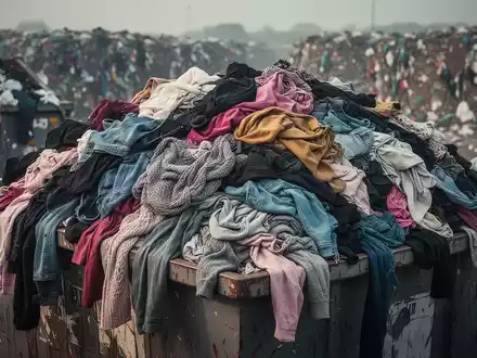 Ein Berg von weggeworfenen, verhedderten Fast-Fashion-Kleidungsstücken quillt aus einem Mülleimer, im Hintergrund unscharf eine Deponie. - Foto: über boerse-global.de