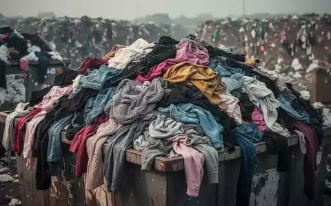 Ein Berg von weggeworfenen, verhedderten Fast-Fashion-Kleidungsstücken quillt aus einem Mülleimer, im Hintergrund unscharf eine Deponie. - Foto: über boerse-global.de