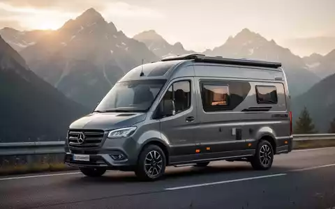 Ein modernes Wohnmobil auf einer malerischen Straße, umgeben von Bergen, das Reisen und temporäres Wohnen symbolisiert. - Foto: über boerse-global.de