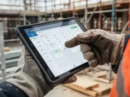 Nahaufnahme einer behandschuhten Hand eines Bauarbeiters, die auf einem robusten Tablet eine Zeiterfassungs-App bedient, im Hintergrund eine Baustelle. - Foto: über boerse-global.de
