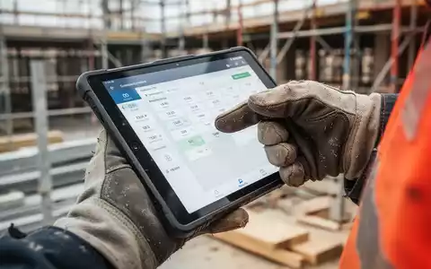 Nahaufnahme einer behandschuhten Hand eines Bauarbeiters, die auf einem robusten Tablet eine Zeiterfassungs-App bedient, im Hintergrund eine Baustelle. - Foto: über boerse-global.de