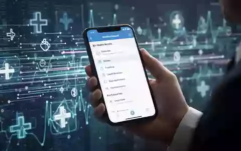 Eine Hand hält ein Smartphone mit digitaler Patientenakte, im Hintergrund abstrakte Datenströme und medizinische Symbole. - Foto: über boerse-global.de