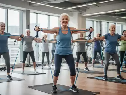 Senioren trainieren mit Widerstandsbändern in einem hellen Fitnessstudio, das Engagement und Vitalität ausstrahlt. - Foto: über boerse-global.de