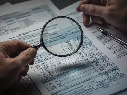 Eine Hand hält eine Lupe über ein Steuerformular mit Berechnungen und Dokumenten, symbolisiert die Prüfung von Mietverlusten. - Foto: über boerse-global.de