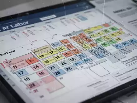 Nahaufnahme eines Kalenders oder digitalen Planers mit markierten Daten und komplexen Schichtplänen, überlagert mit juristischen Dokumenten. - Foto: über boerse-global.de