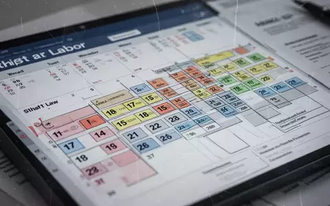Nahaufnahme eines Kalenders oder digitalen Planers mit markierten Daten und komplexen Schichtplänen, überlagert mit juristischen Dokumenten. - Foto: über boerse-global.de