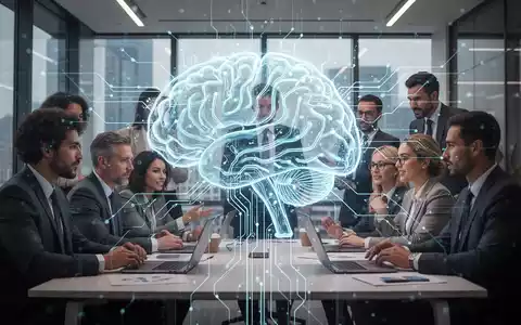 Ein stilisiertes, leuchtendes KI-Symbol über einer Gruppe von Geschäftsleuten, die in einem modernen Büro zusammenarbeiten und HR-Technologie integrieren. - Foto: über boerse-global.de