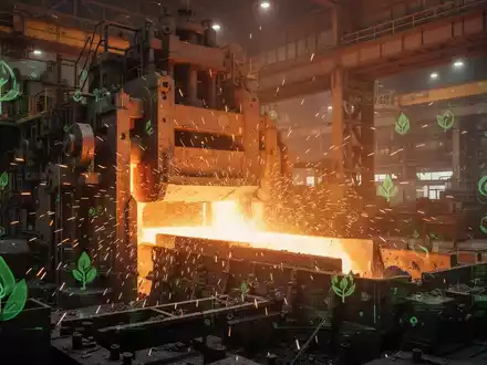 Innenansicht eines Stahlwerks mit glühendem Metall, Funkenflug und komplexen Maschinen, die die Hitze der Stahlproduktion zeigen. - Foto: über boerse-global.de