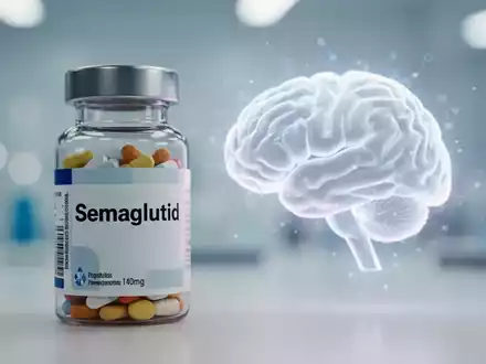 Nahaufnahme einer Semaglutid-Pillendose neben einem stilisierten, leuchtenden Gehirnsymbol in einer Laborumgebung. - Foto: über boerse-global.de
